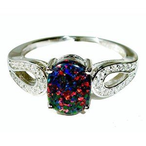 925 STERLING SILVER Lab Created Black Fire Opal & Cubic Zirconia Ring